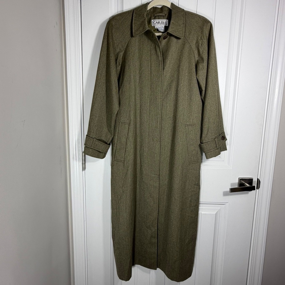 Carlisle Vintage Wool Trench Coat Olive Green Longline Overcoat Womens Size 0